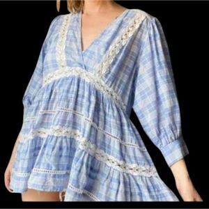 FREE PEOPLE Time Out Blue & White Gingham Print Lace V Neck Blouse Tunic Sz M
